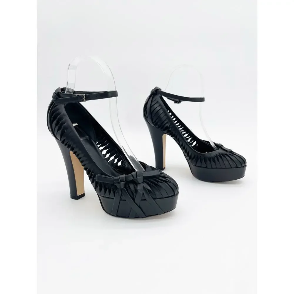 Christian Dior Galliano Fall 2007 Black Ankle Strap Bow Platform Heels EU 36.5